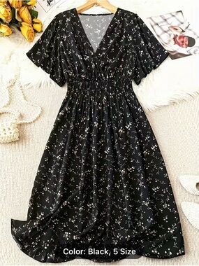 Black Floral V-Neck Midi Dress